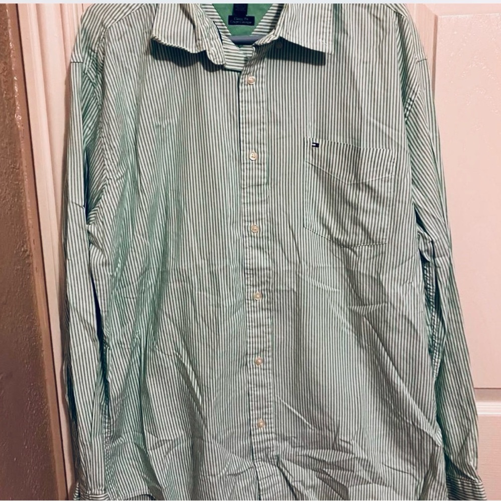 Tommy Hilfiger Mens Shirt Classic Fit Green Stripe Long Sleeve Button Down, XL